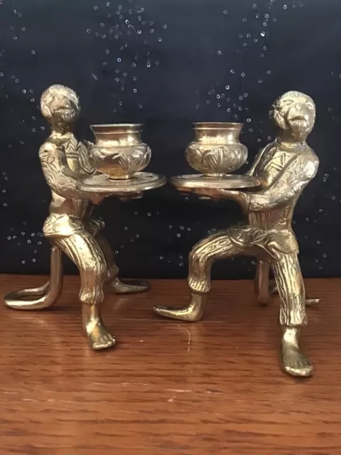 Antique Solid Brass Monkey Butler Candlestick Holders By Andrea By Sadek