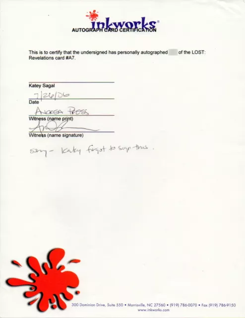 Contract KATEY SAGAL Inkworks AUTOGRAPH Card Certification Helen LOST UNSIGNED