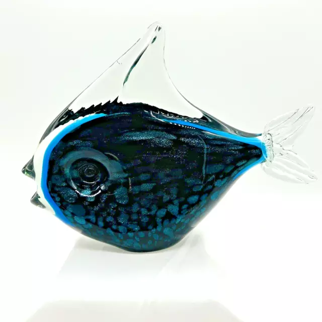 Vintage Art Glass Fish Sculpture Figurine Teal Blue Black 7.5" Tall