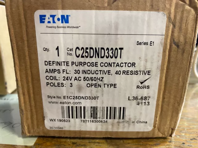 New Eaton 30 Amp 3 Pole Definite Purpose Contactor 24 Vac Coil C25Dnd330T-Gl