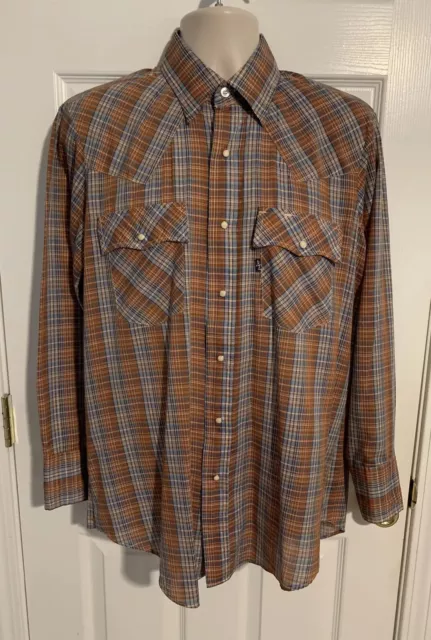 VINTAGE LEVI'S Pearl Snap WESTERN Shirt Long Sleeve PLAID Rockabilly Men’s Sz. L