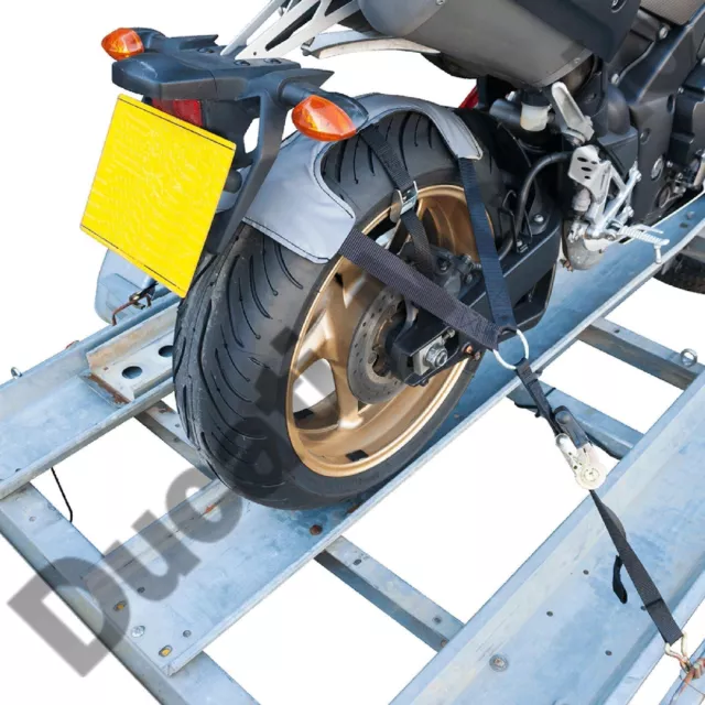 Motorcycle tyre down ratchet BikeTek tie fix transport strap motorbike trailer