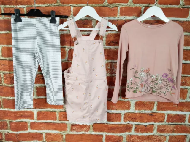 Girls Bundle Age 6-7 Years 100% H&M Pinafore Dress T-Shirt Pale Pink Denim 122Cm