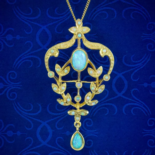 Victorian Style Opal Floral Pendant Necklace Silver 18Ct Gold Gilt