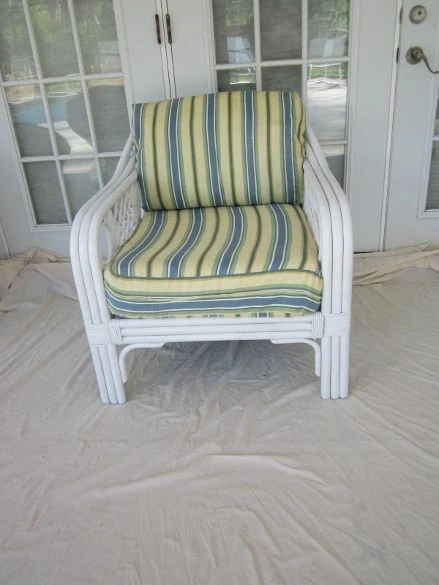 Vintage Thomasville Style White Rattan Bamboo Arm Chair With Cushion Repainted