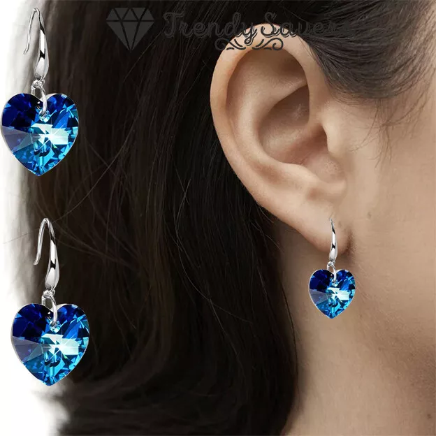 Blue Heart Crystal Drop Earrings 925 Sterling Silver Filled Dangle Fashion Women