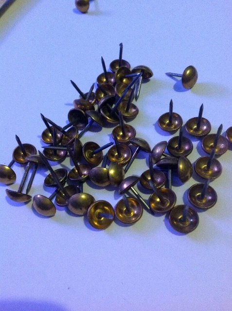 50 old BRASS COLOR TACKS 9/16” Long  head nails vintage upholstery gilt steel 4