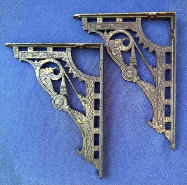 Exception Pair Antique Cast Iron Brackets w/ Old Surface - Ornate Victorian Era