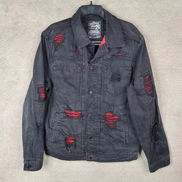 The Heritage By America 1776 Jacket Mens XL Black Red Denim Distressed Biker