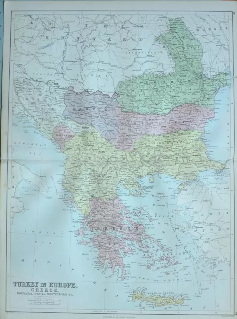 1882 Antique Map Turkey In Europe Greece Roumania Servia Montenegro Morea Crete