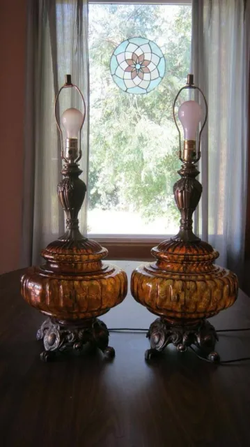 Pair XL Mid Century Modern Hollywood Regency Iridescent Amber Glass Table Lamps