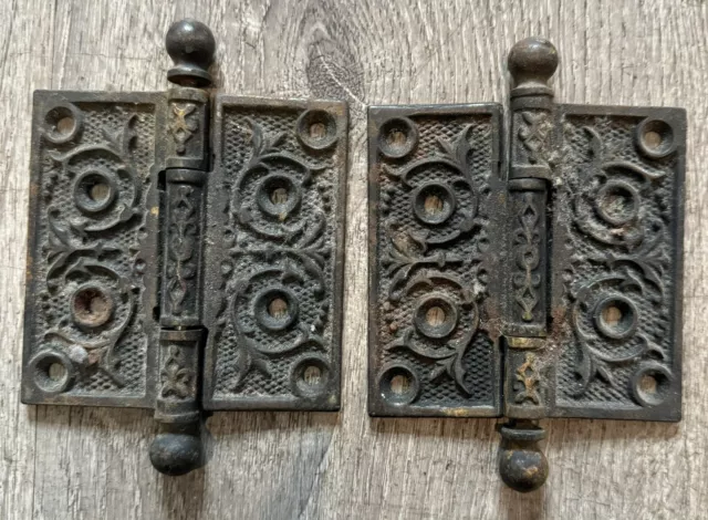 2 Vintage / Antique Cast Iron Ornate Door Hinges 4 X 4"