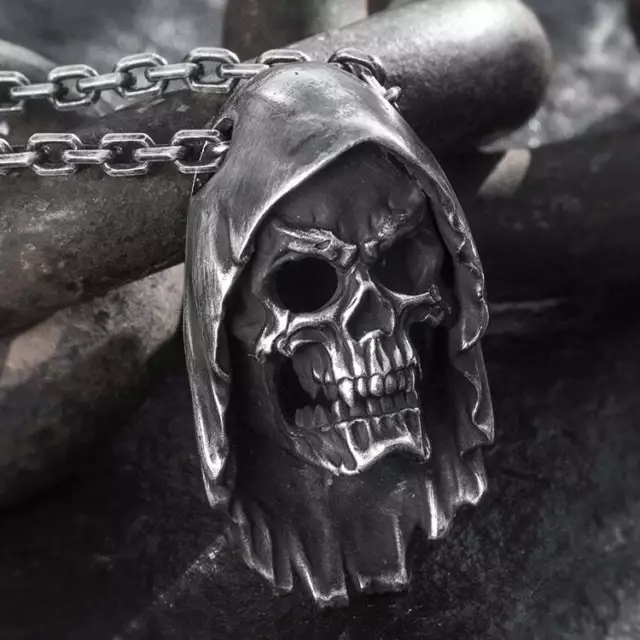 Skull pendant necklace vintage Ghost Grim Reaper Gothic Stainless Steel Men Gift