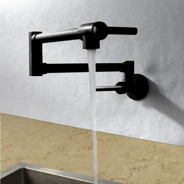 Wall Mount Black Brass Mixer Water Kitchen Sink Faucet Folding Swivel Spout Tap