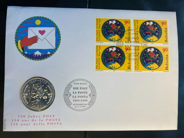 Schweiz 1999 Münzbrief 20 Fr. Silber 4er-Block FDC 150 Jahre Post