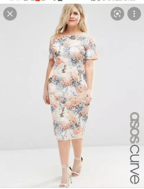 Asos Curve Wiggle Floral Dress Plus Size 22 Orange Peach Grey Short Sleeve BNWT