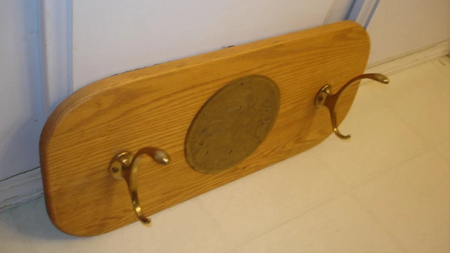 Wooden Oak Coat / Hat Hanger, 2 SOLID BRASS HOOKS-6" OLD ASIAN LOCKER EMBLEM 3