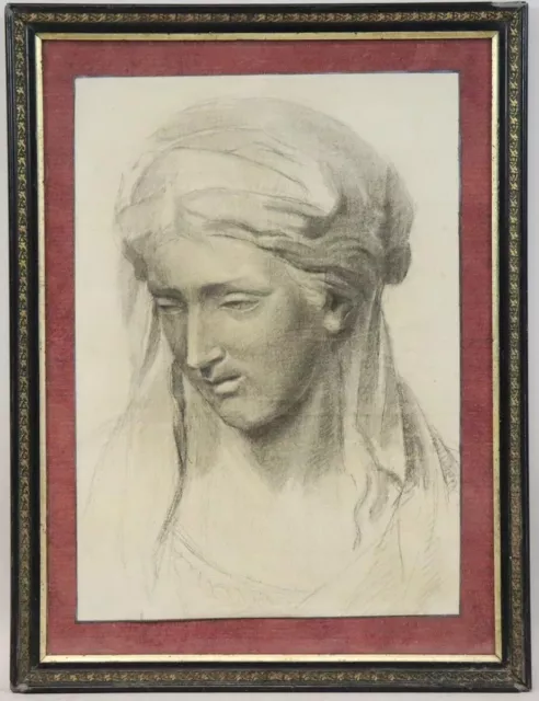 Antike Dame Portrait Studie Kohlezeichnung unsigniert 19.Jhd (BK3761)