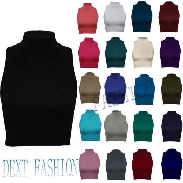 Neuf Femmes Uni sans Manche Polo Haut Cou Tortue Débardeur Court T-Shirt
