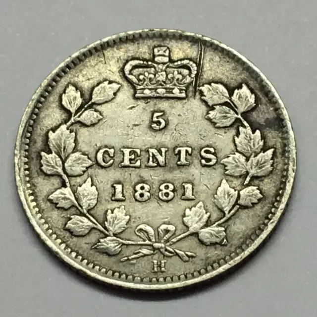 1881 H Canada 5 Cents Silver Coin - Ships Free W/ Usps Tracking & Insur.