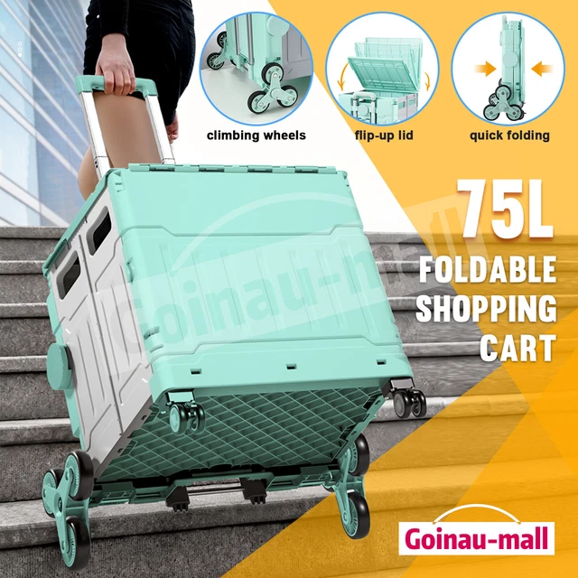 75L Folding Shopping Trolley Cart Portable Basket Crate Climbing Wheels w/ Cover