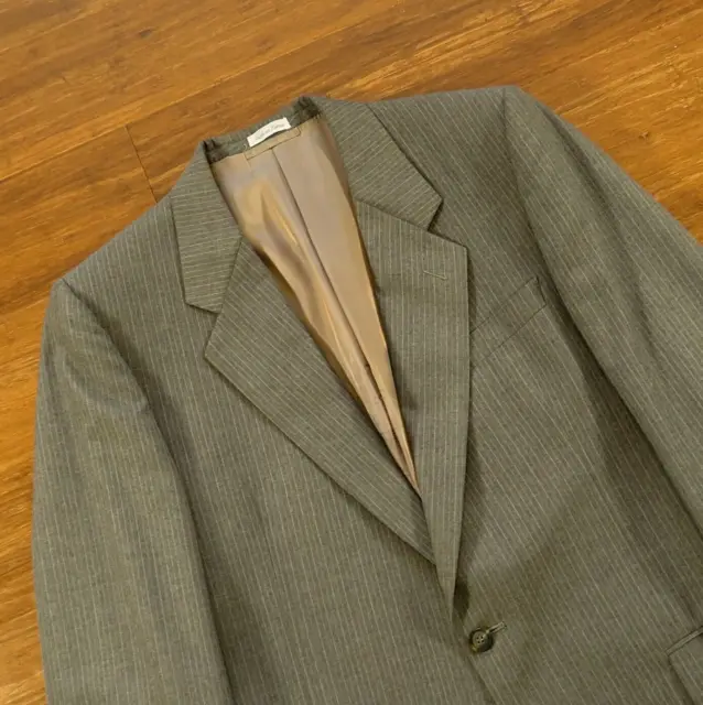 Mens Vintage Polyester Pinstripe Suit Coat Brown 42R Double Vent