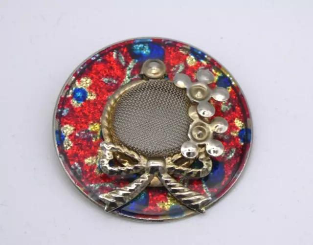 Vintage Gold Tone Red Blue Enamel Glittery Sun Hat Brooch Bow Mesh Pin