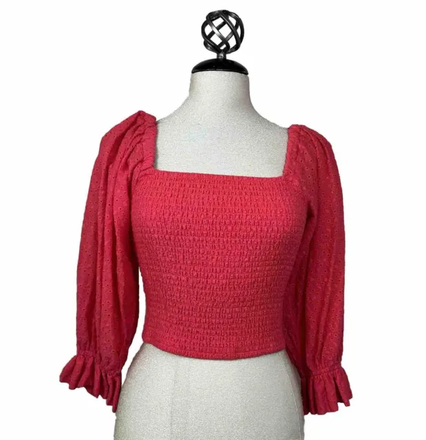Anthropologie Hutch Blouse Top Red Smocked Puff Long Sleeve Cropped Boho Sz S