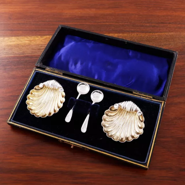 2 James Griffiths Sterling Silver Salt Cellars Shell Bowls Spoons Boxed