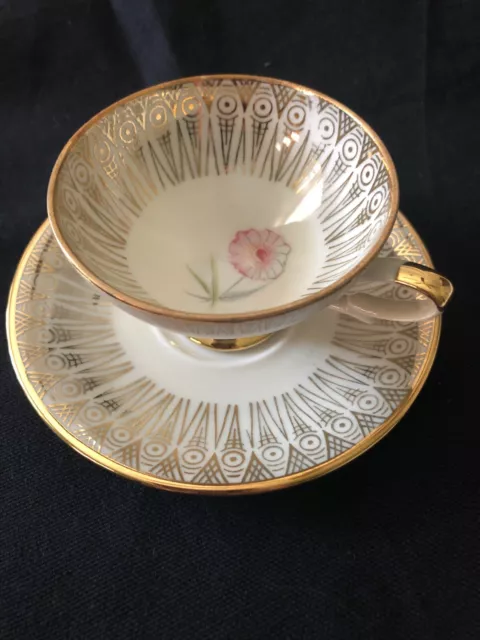 Porcelana dura alemana Rheinpfalz #41 patrón oro de Demitasse, flor rosa