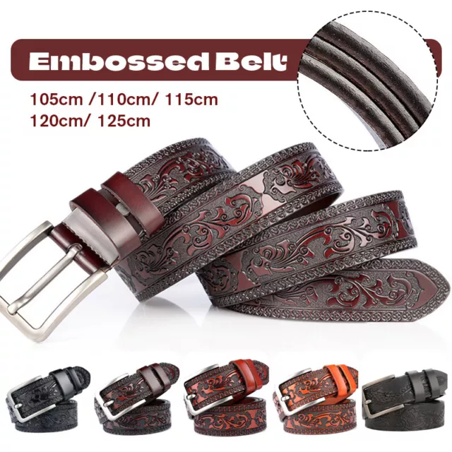 Mens Luxury Genuine Leather Embossed Belt Vintage Pattern Pin Buckle Waistband