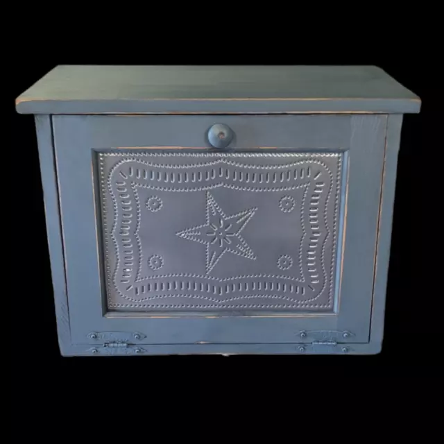 NEW navy wooden Bread Box / primitive style tin door  bread box