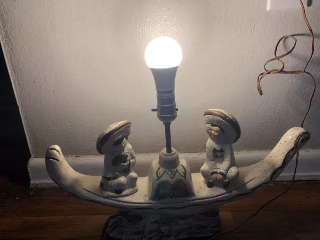 Vintage Mid-Century Porcelain Table TV Lamp Asian Oriental Chinese Couple Boat