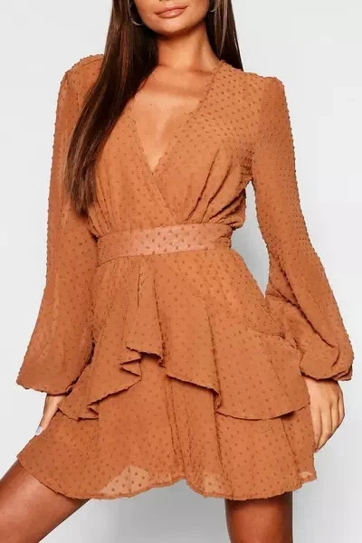Boohoo Caramel Ruffle Hem Dobby Chiffon Mini Dress Uk 16 Bnwt