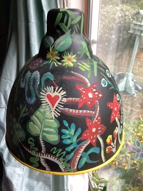 Hand painted lampshade metal quirky Day of the Dead Mexican theme Arty OOAK Folk