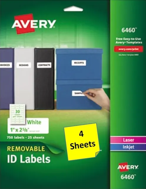 [4 Sheets] Avery 6460 Removable 1 x 2 5/8 Inch White ID Labels
