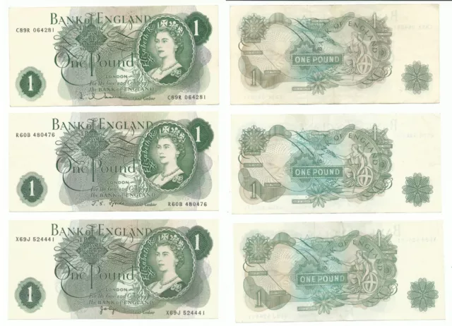 Banknotes: three @ £1. One of each signed by Hollom, Fforde & Page