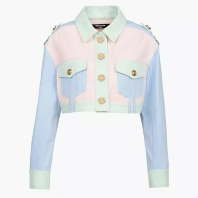 NWOT Balmain Long Sleeve Cropped Denim Jacket&Mini Skirt Set Pastel Women's US 0 3