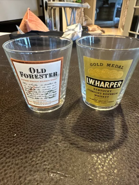 Two Kentucky Bourbon WHISKEY Rock Glasses Old Forester and I.W. Harper