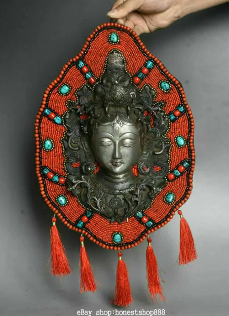 15.2" Old Tibet Buddhism Silver red coral White Tara Goddess Pendant Wall Hang