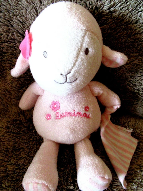 Doudou Peluche Vintage Luminou Mouton Agneau Mouchoir Rose Blanc Kom Neuf 34Cm