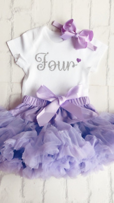 Girls 4th Birthday Four Outfit Fluffy Tutu Skirt Fourth T-Shirt/Vest Party Lilac