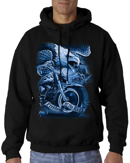 Velocitee Mens Hoodie Freedom Of The Road Eagle Biker Motorcycle A22511