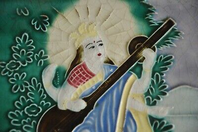Vintage Fine Colorful Embossed Goddess Saraswati Ceramic Tile, Japan 2