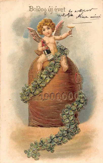 G008 Romania Cehu SilvNew Year cherub champagne shamrock money bag luck postcard