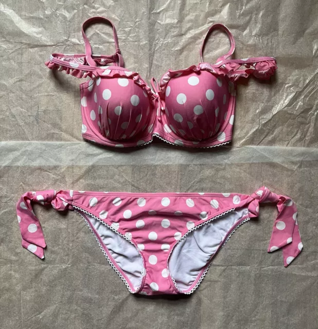 Pink bikini with white polka dots on sale