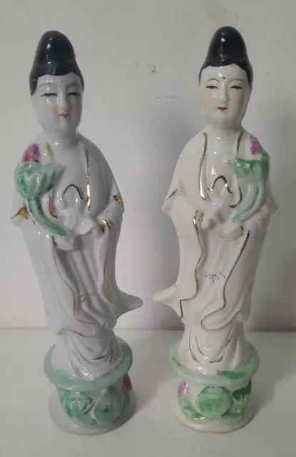 Pair of Vintage 1950s 6” Chinese Ceramic Chinese Goddess Guan Yin Statue