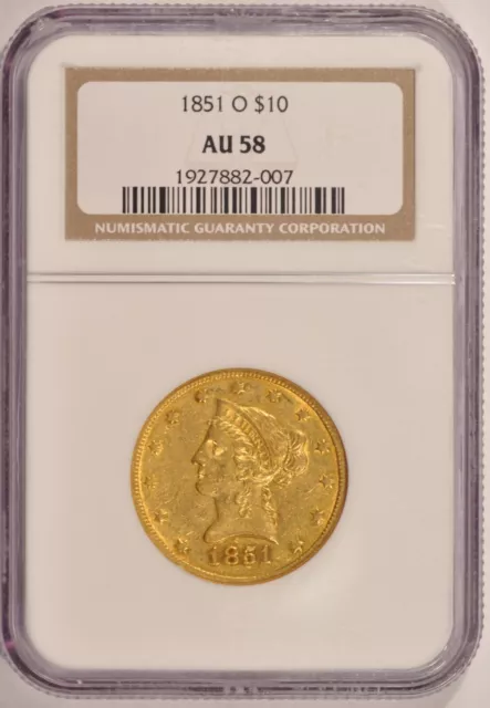 1851-O $10 Gold Liberty Eagle Coin NGC AU58 New Orleans Minted Pre-1933 Gold