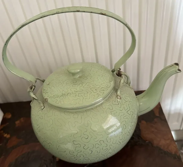 Vintage Light Green with Gold etching Enamel Large Tea Pot Kettle Numbered