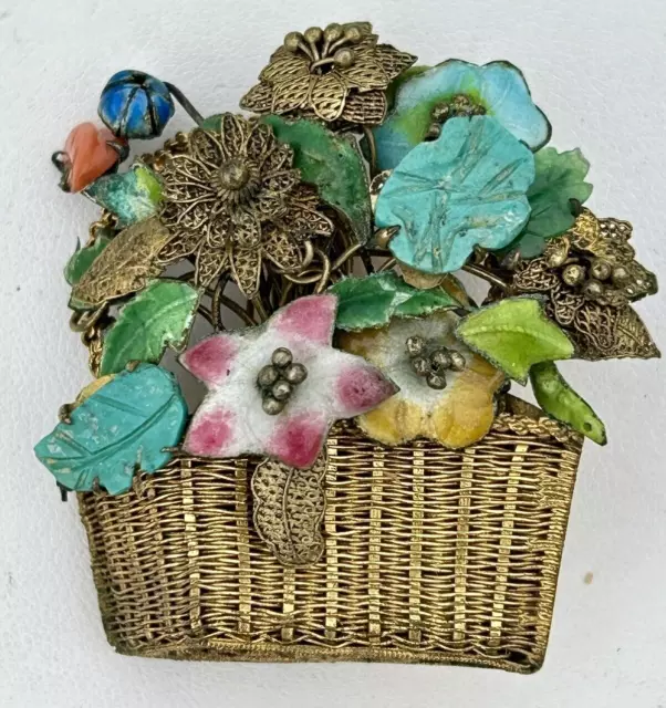 Vintage Chinese Export Gilt Metal Flower Basket Brooch Pin, Enamel, Coral & Jade